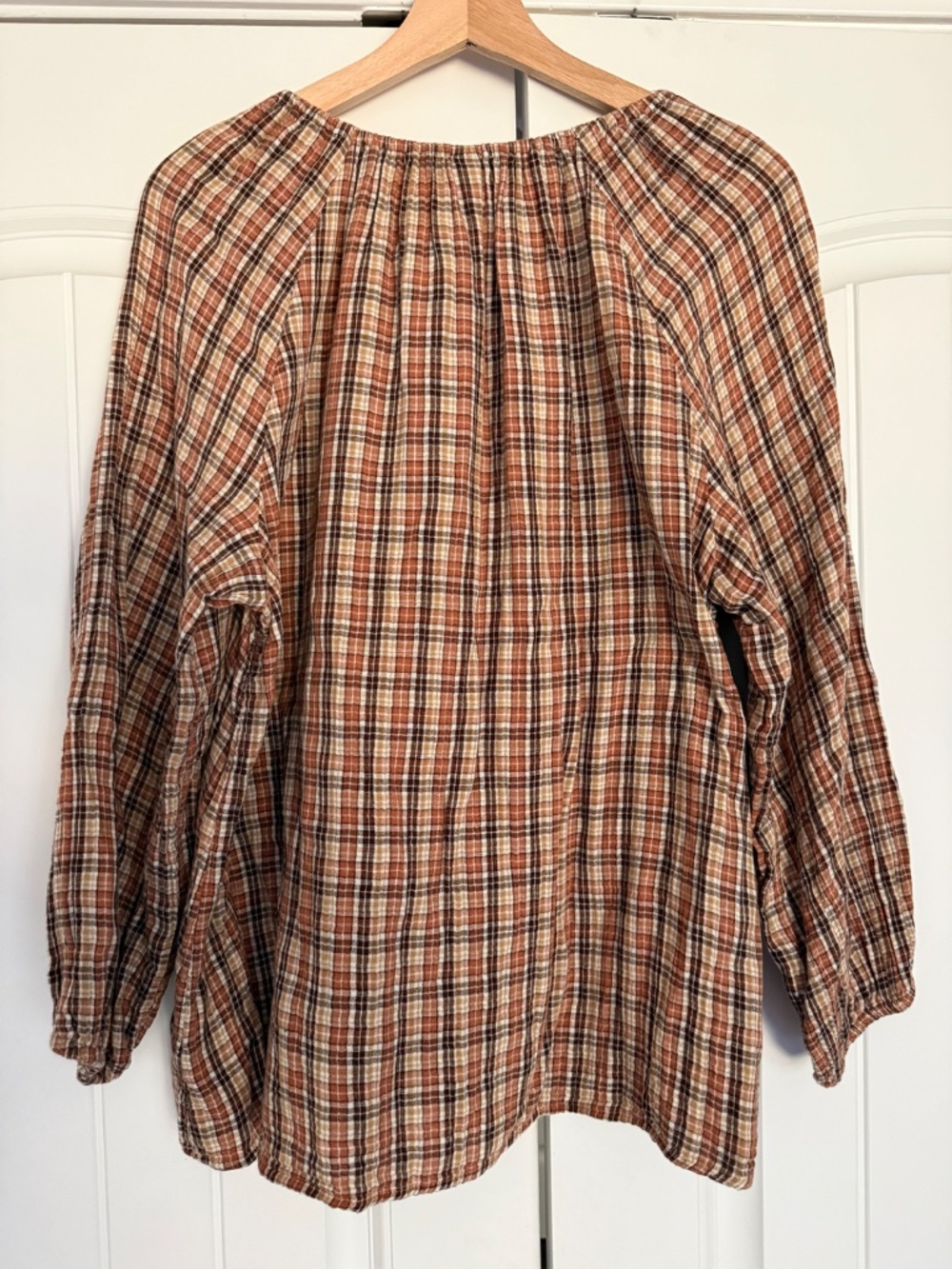 Old Navy XL Plaid Peasant Blouse Brown Cotton Balloon Sleeve Boho Top - Picture 2 of 10